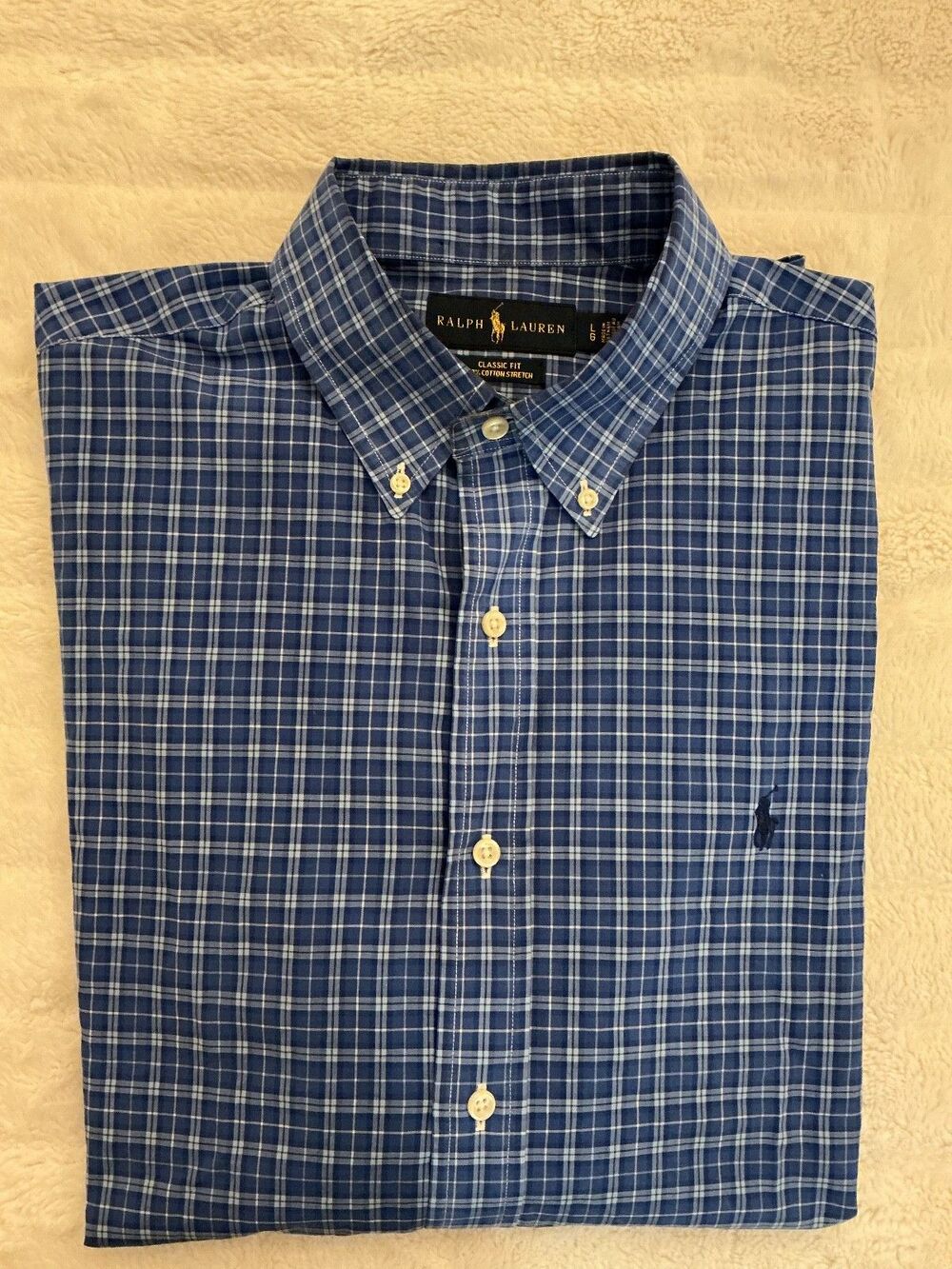 Polo Ralph Lauren Large Shirt Blue White Micro-Plaid Classic Fit Stretch L/S
